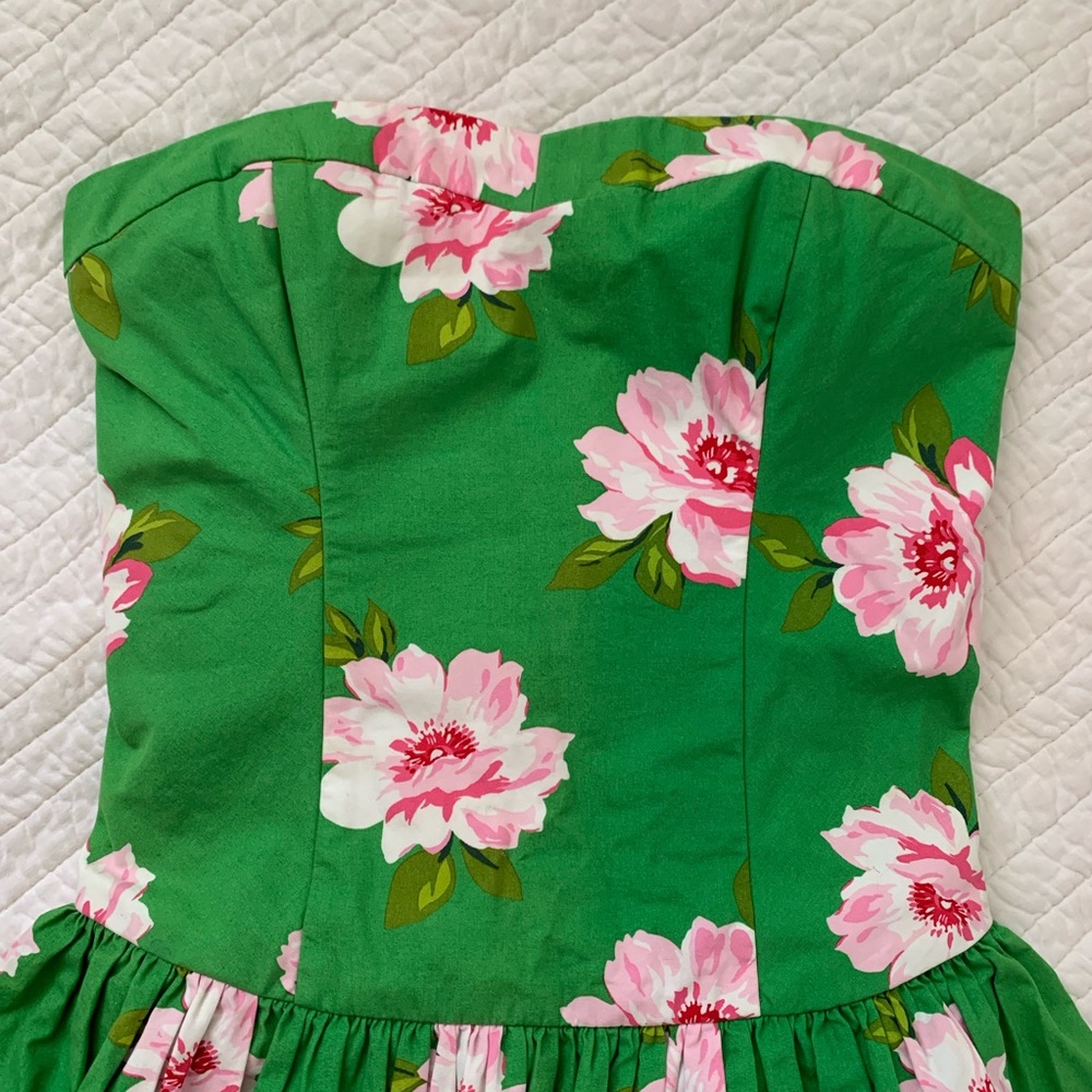 Strapless Green Pink Floral Dress Pockets - Picture 3 of 8